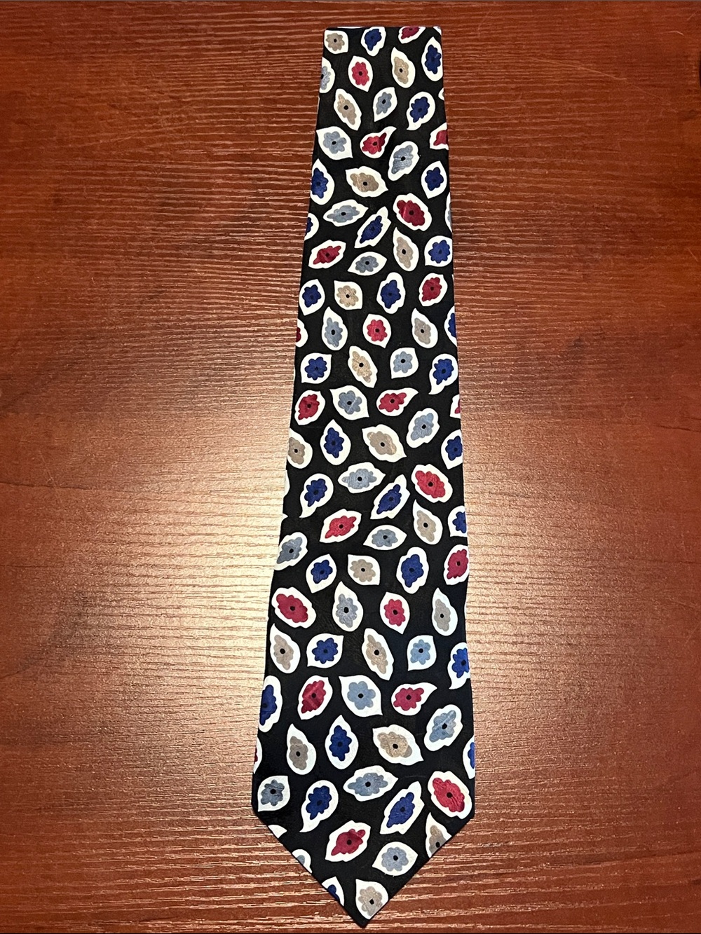 Terenzi Men's Black Floral silk Motif Tie with Red, Blue, Gray Accents - x-long